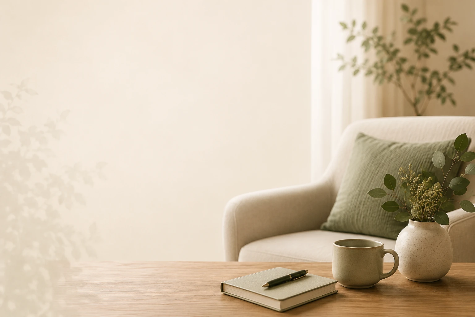 Comfortable armchair setting representing a safe and relaxing space for virtual therapy sessions